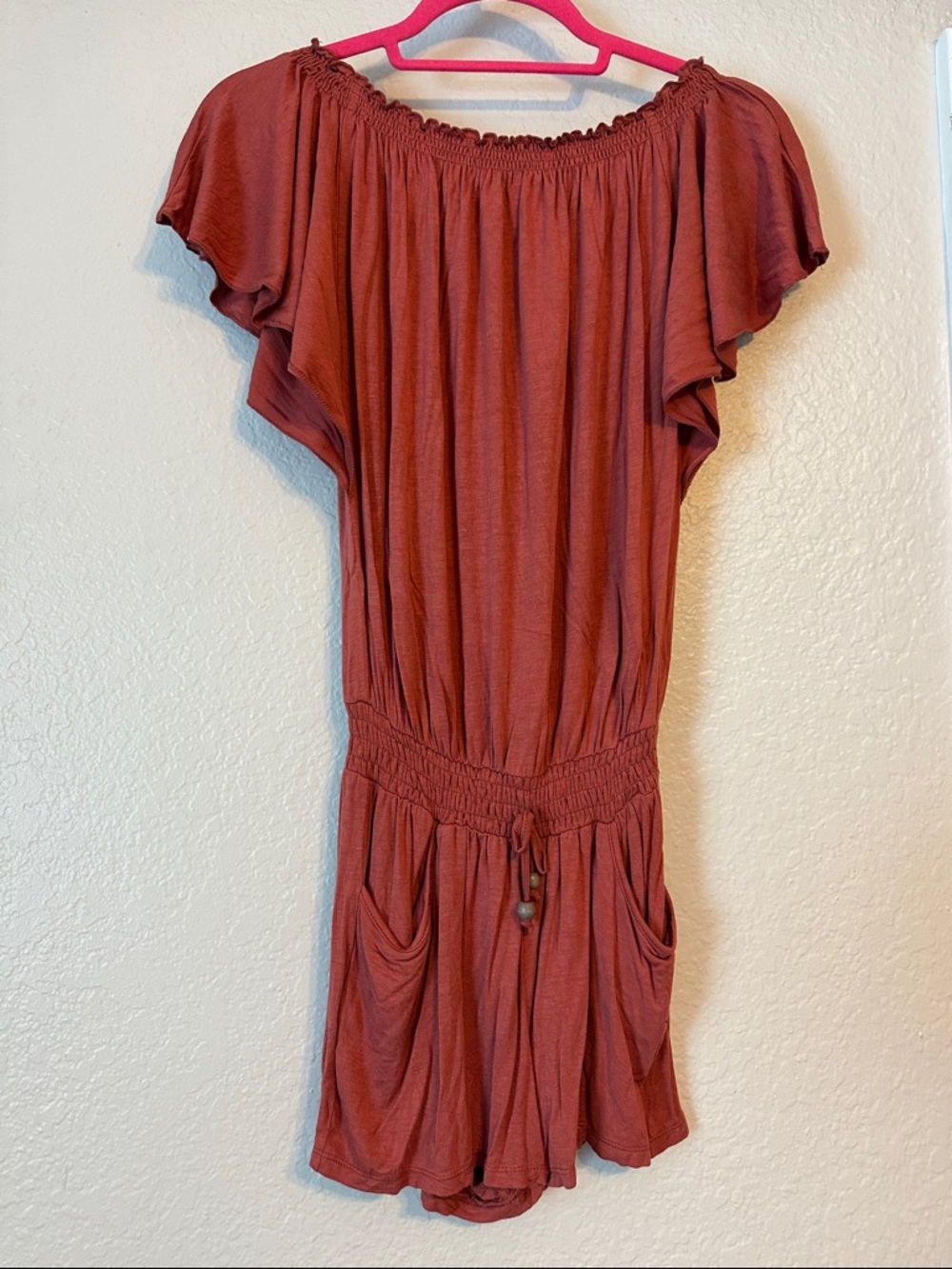 Women's Rust Off-Shoulder Smocked-Waist Romper with pockets
